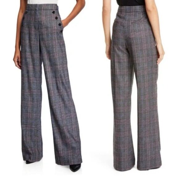 Veronica Beard $400 Tuli High Rise Glen Pants Wide Leg Plaid Wool Blend Sz 8 US - Picture 1 of 15